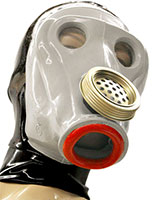 Gasmaske mit Innenkondom mit roten Lippen und Reißverschluß